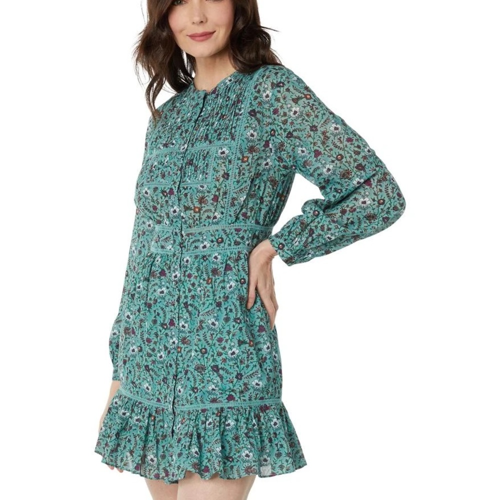 Joie | Charmesse Floral Cotton Mini Dress Teal Long Sleeve Boho - Size 10 - Picture 2 of 8